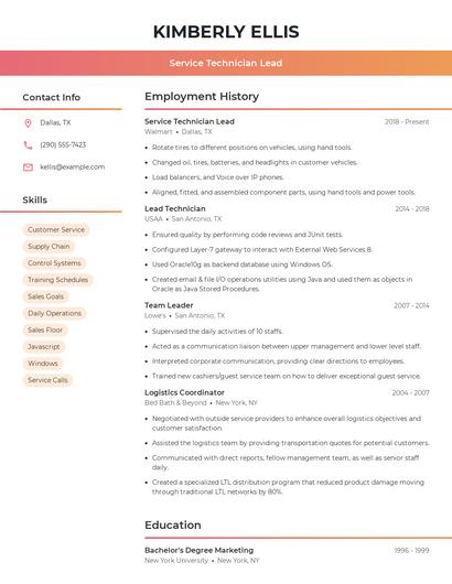 Service Technician Lead Resume