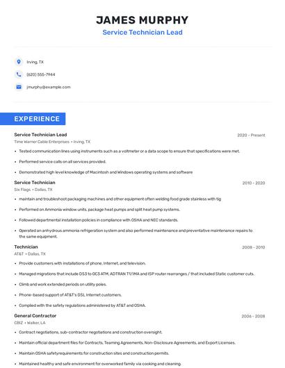 Service Technician Lead Resume