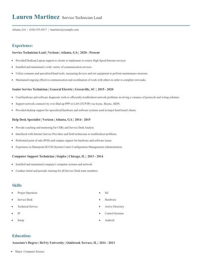 Service Technician Lead Resume