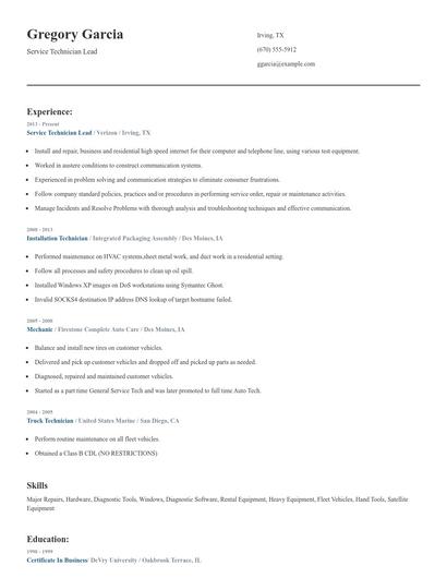 Service Technician Lead Resume