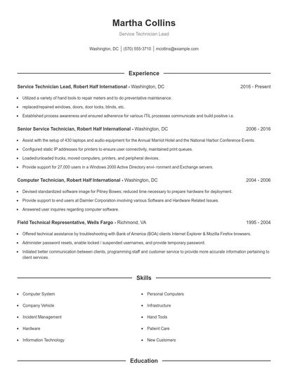 Service Technician Lead Resume