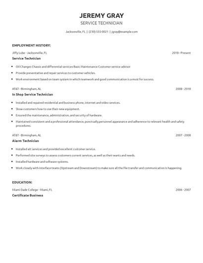 Service Technician Resume