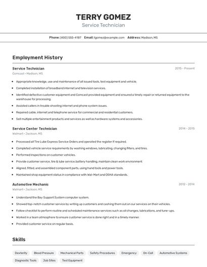 Service Technician Resume