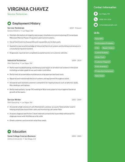 Service Technician Resume