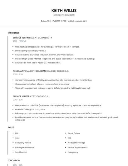 Service Technician Resume