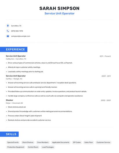 Service Unit Operator Resume