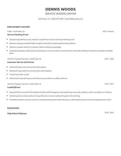 Service Vending Driver Resume