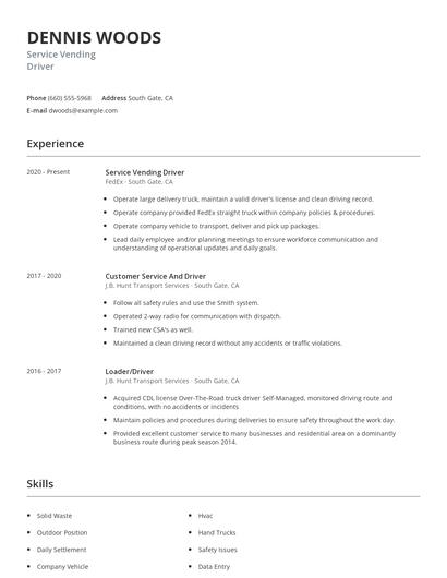 Service Vending Driver Resume