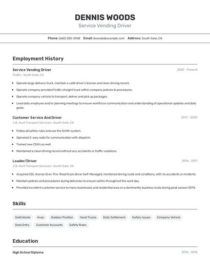 Service Vending Driver Resume