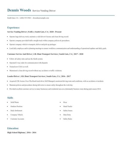 Service Vending Driver Resume