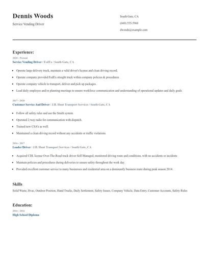 Service Vending Driver Resume