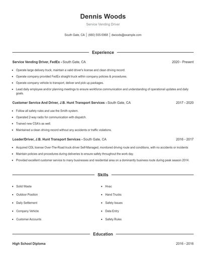Service Vending Driver Resume