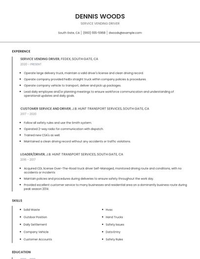 Service Vending Driver Resume