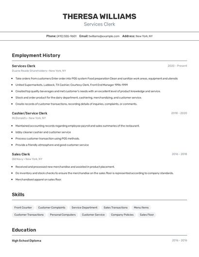 Services Clerk Resume