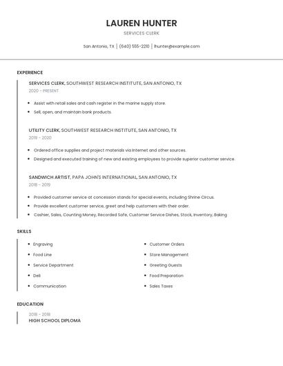 Services Clerk Resume