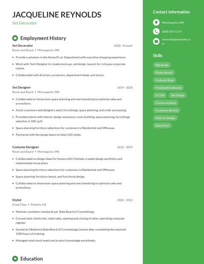 Set Decorator Resume