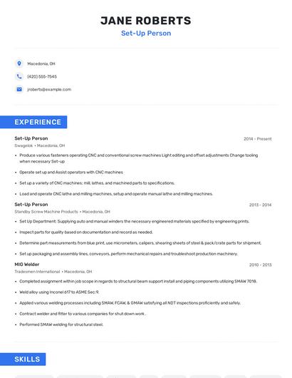 Set-Up Person Resume