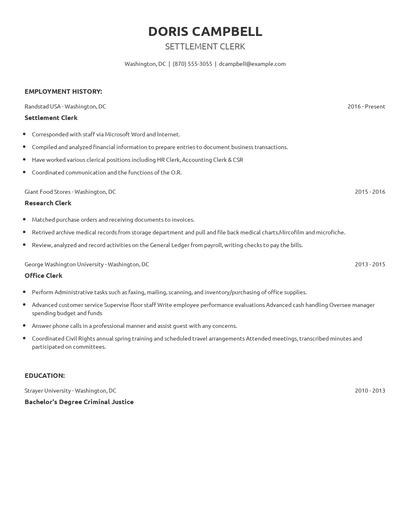 Settlement Clerk Resume