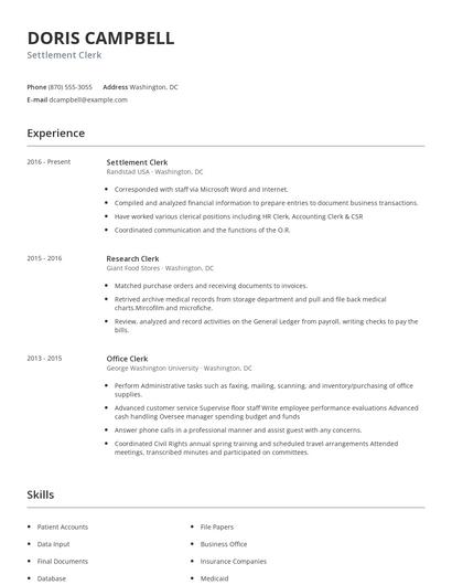 Settlement Clerk Resume