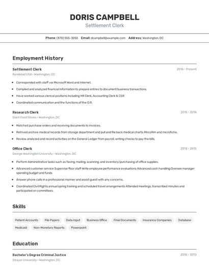 Settlement Clerk Resume