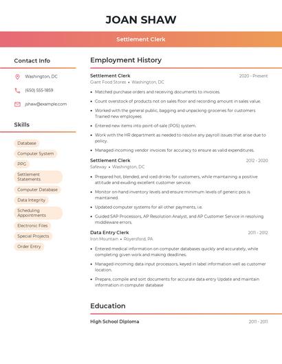 Settlement Clerk Resume