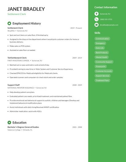 Settlement Clerk Resume