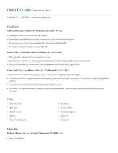 Settlement Clerk Resume