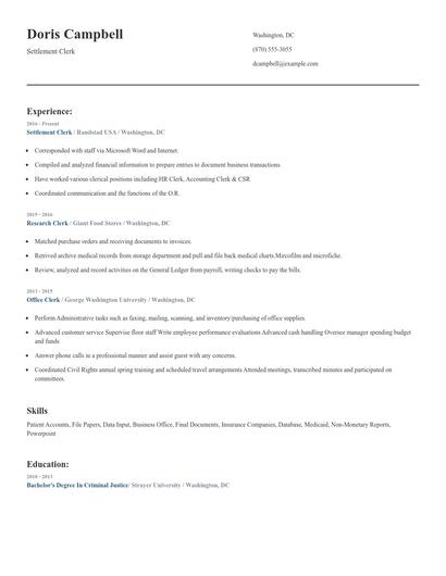 Settlement Clerk Resume