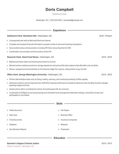 Settlement Clerk Resume