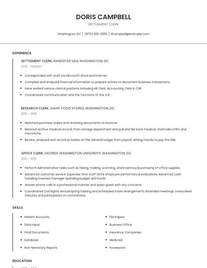 Settlement Clerk Resume
