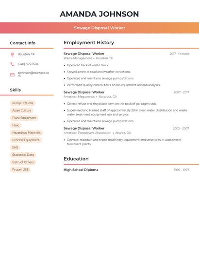 Sewage Disposal Worker Resume