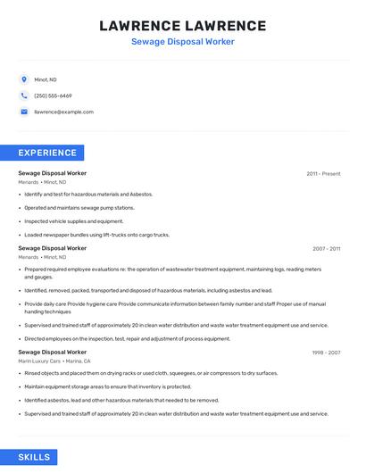 Sewage Disposal Worker Resume