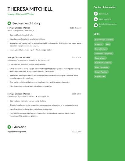 Sewage Disposal Worker Resume