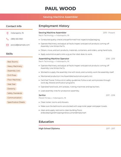 Sewing Machine Assembler Resume