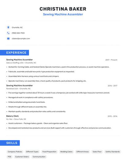 Sewing Machine Assembler Resume
