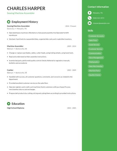 Sewing Machine Assembler Resume