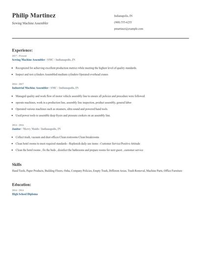Sewing Machine Assembler Resume