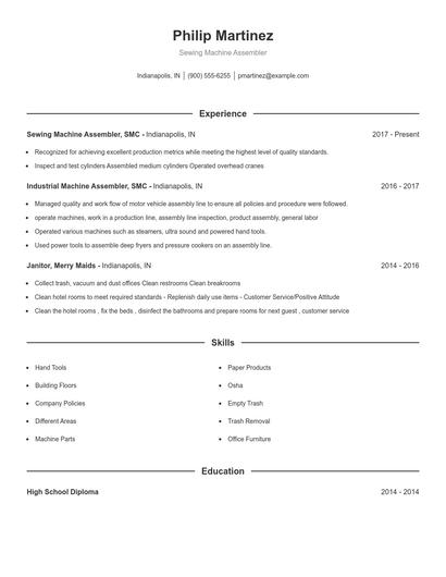Sewing Machine Assembler Resume