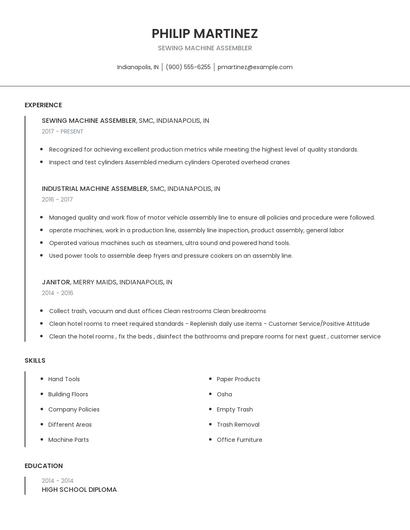 Sewing Machine Assembler Resume