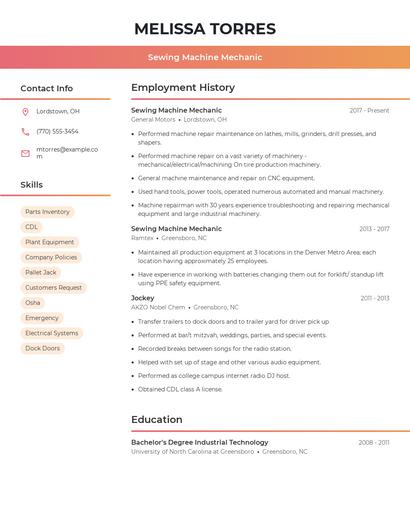 Sewing Machine Mechanic Resume