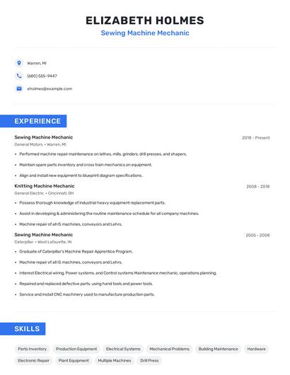 Sewing Machine Mechanic Resume