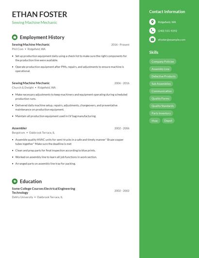Sewing Machine Mechanic Resume