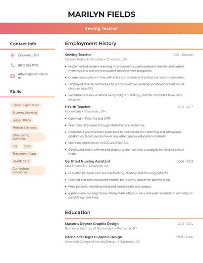 Sewing Teacher Resume