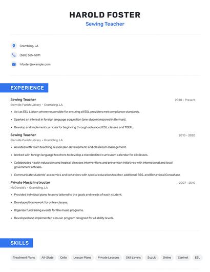 Sewing Teacher Resume