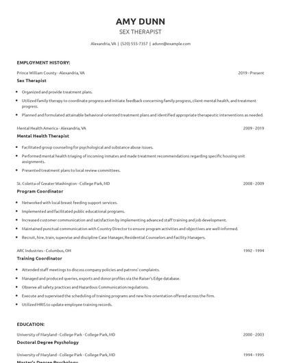 Sex Therapist Resume