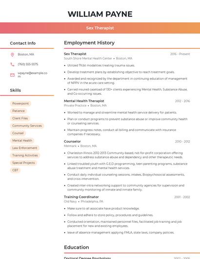 Sex Therapist Resume