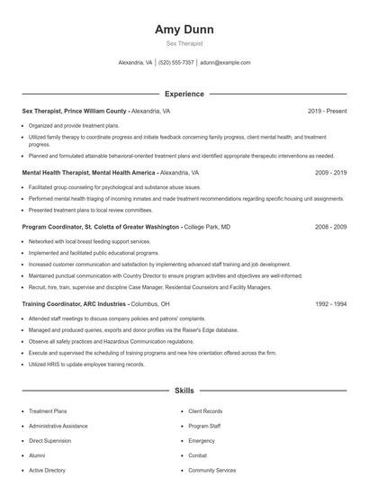 Sex Therapist Resume