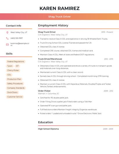 Shag Truck Driver Resume