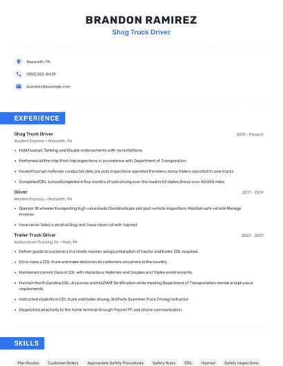 Shag Truck Driver Resume