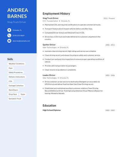 Shag Truck Driver Resume